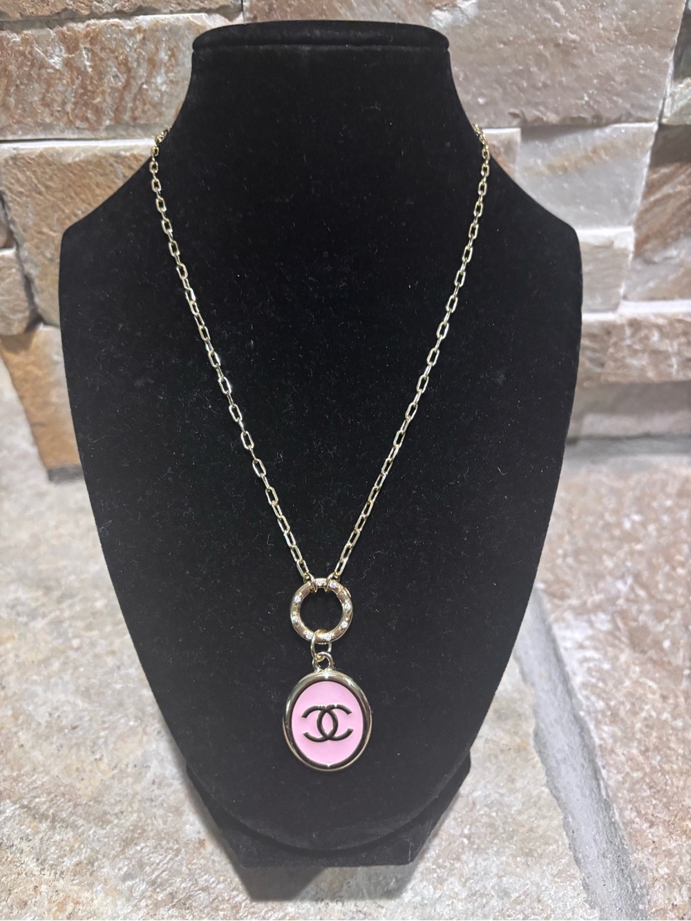 Pink Enamel CC Medallion Necklace with Gold Plated Chain